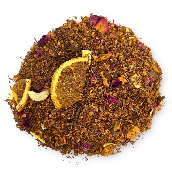 Losen Rooibos-Tee Zimt-Orange von AY Natural, Ansicht von oben auf weißem Hintergrund.