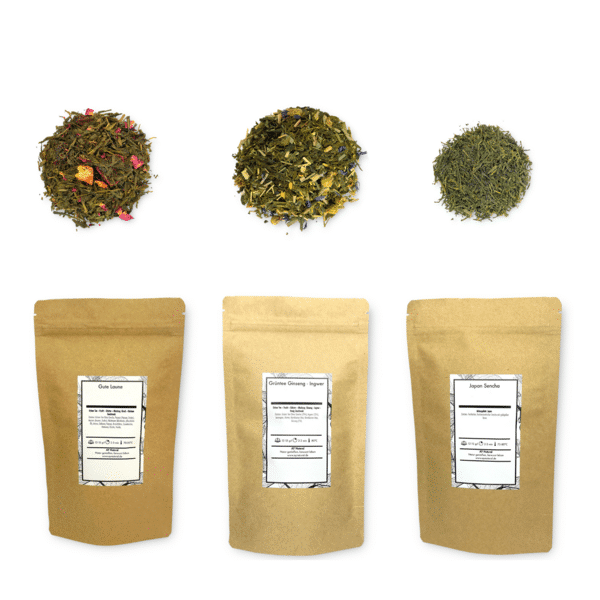 Brauner Doypack von AY Natural mit Gute Laune, Grüntee Ginseng Ingwer und Japan Sencha aus dem Grüner Tee 3er Probierset Smaragdtal Trio