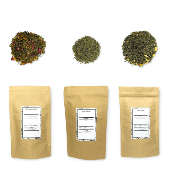 Brauner Doypack von AY Natural mit Gebratenem Apfel, Japan Sencha und China Jasmin aus dem Grüner Tee 3er Probierset