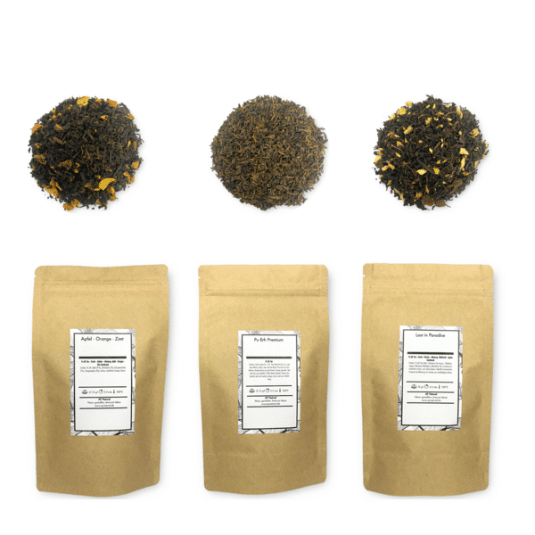 Drei Doypacks von AY Natural mit den Teesorten Apfel-Orange-Zimt, Pu-Erh Premium und Lost in Paradise im Pu Erh Tee 3er Probierset: Lotusblütenzauber