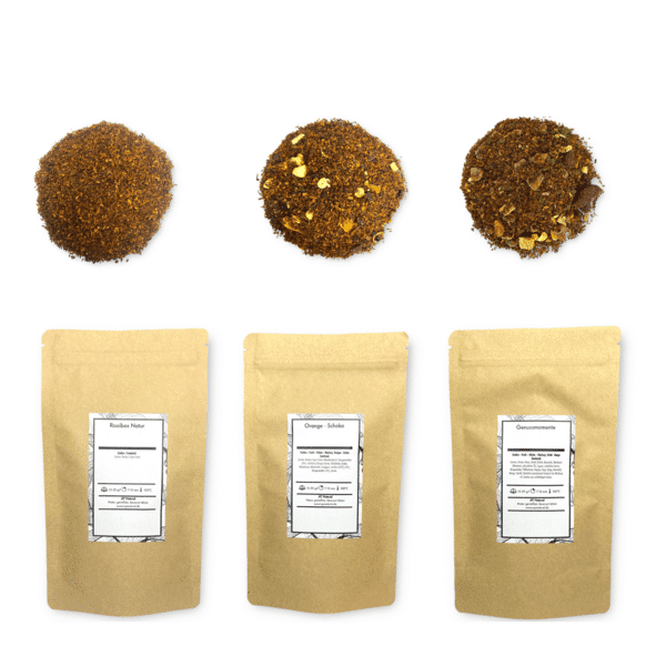 Drei Doypacks von AY Natural mit den Teesorten Rooibos Natur, Orange-Schoko und Genussmomente im Afrikanisches Tee 3er Probierset: Savannen-Trio