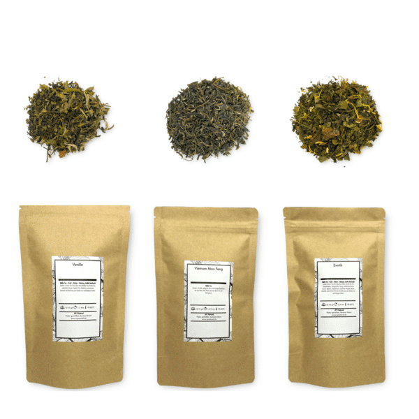 Brauner Doypack von AY Natural mit Vanille, Vietnam Mao Feng und Exotik aus dem Weißer Tee 3er Probierset Kristalltraum Trio