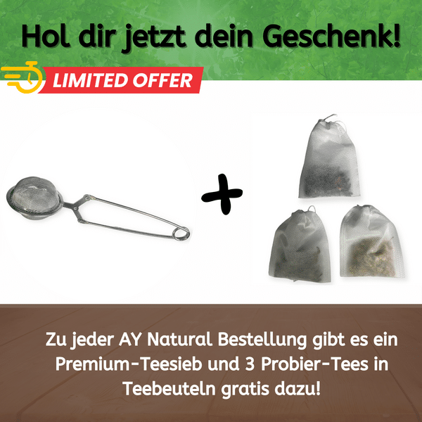 AY Natural Premium Teesieb mit drei Teebeuteln.