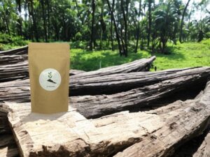 Hier steht unser AY Natural Doypack mit einer Auswahl an Ceylon Teesorten auf einem abgehackten Baum inmitten einer üppigen Waldlandschaft Die grüne Natur umgibt dich während du die natürliche Schönheit und den einzigartigen Geschmack dieser Tees genießt Tauche ein in die Welt des Ceylon Tees und erlebe die Harmonie mit der Natur