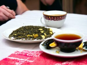Der Grüntee aus China wird hier auf dem Tisch präsentiert in loser Form und bereit zum Genießen Neben dem Tee stehen Tassen gefüllt mit dem aromatischen Getränk Im Hintergrund sitzen Personen und lassen sich von der entspannten Atmosphäre mitreißen Genieße den Geschmack und die Ruhe die dieser besondere Tee aus China mit sich bringt