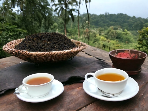 In einem Korb liegt der AY Natural loser Tee. Auf dem Tisch stehen zwei Tassen gefüllt mit Tee. Im Hintergrund erstreckt sich ein dichter grüner Wald mit vielen Bäumen. Es handelt sich um den Schwarztee aus Darjeeling Second Flush.