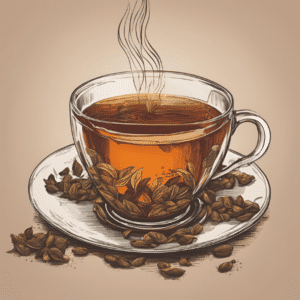 Eine Tasse Tee auf einem Hintergrund mit Teeblättern wie viel Koffein hat Tee